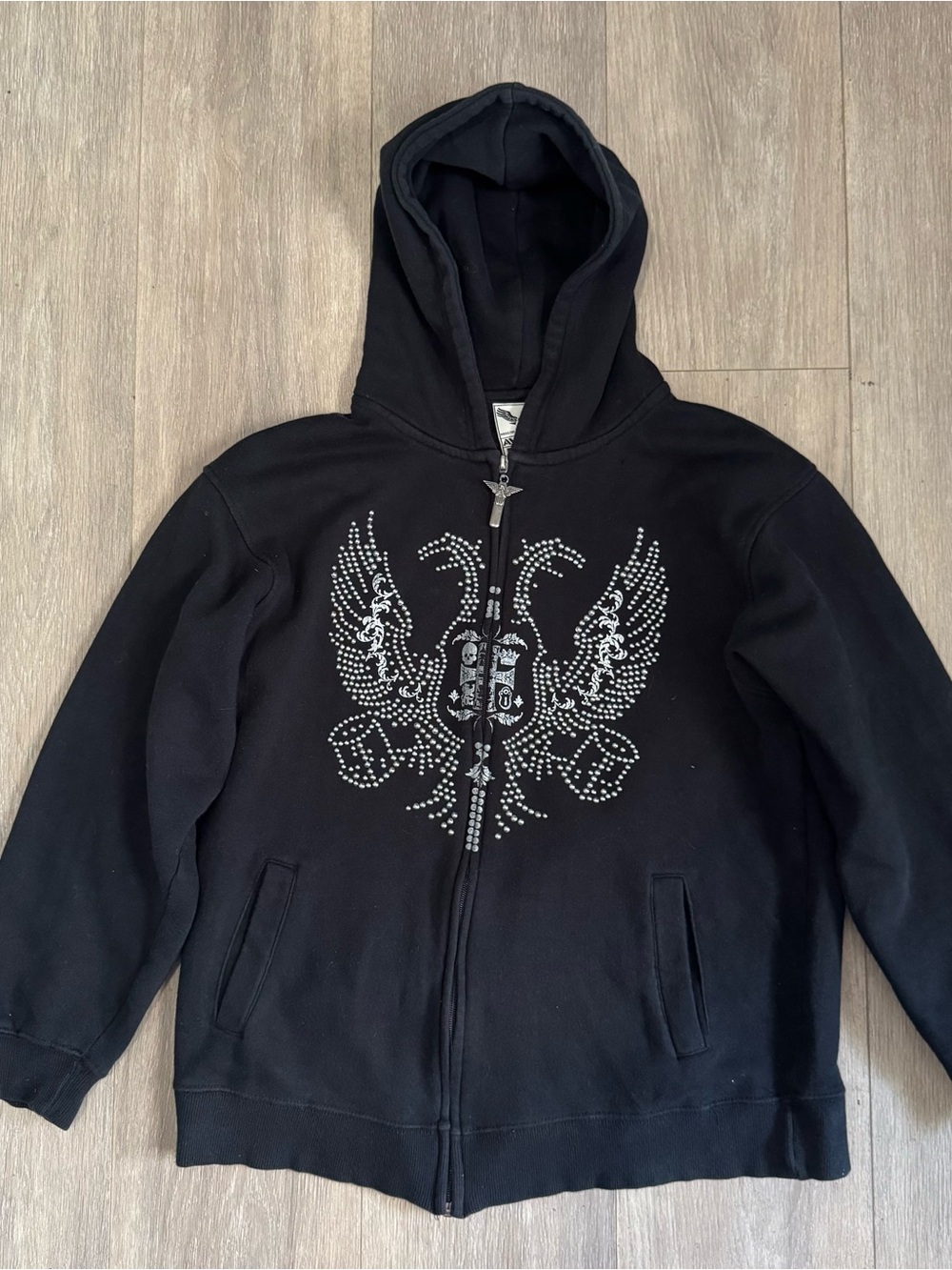 Avirex Black Rhinestone Wing Zip-Up Hoodie